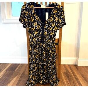 Maeve Anthropologie Dress Women M Black Yellow Floral Hook & Eye Jersey Knit